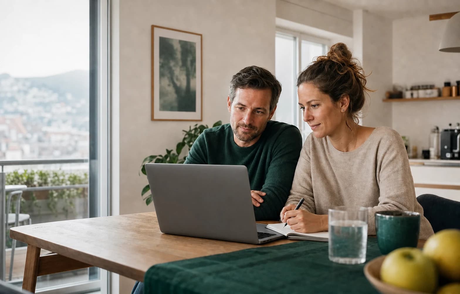 Couple comparing Swiss health insurance premiums on a laptop